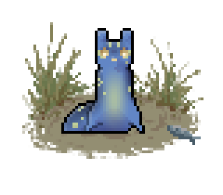 Pixel art of a young blue slugcat with a yellow gradient on its stomach and yellow spot-stripe markings.